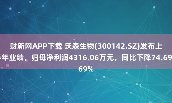财新网APP下载 沃森生物(300142.SZ)发布上半年业绩，归母净利润4316.06万元，同比下降74.69%